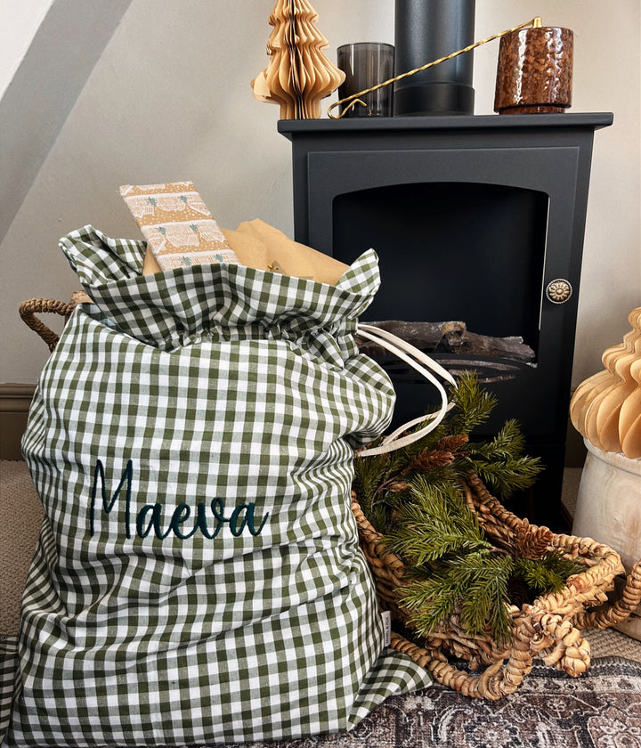 Mabel & Fox - Personalised Green Gingham Gift Sack - Embroidered - Mabel & Fox