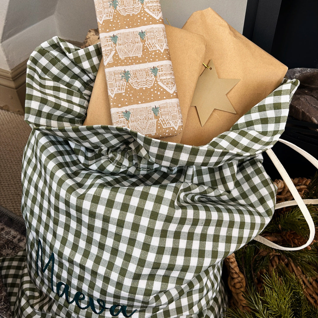 Mabel & Fox - Personalised Green Gingham Gift Sack - Embroidered - Mabel & Fox