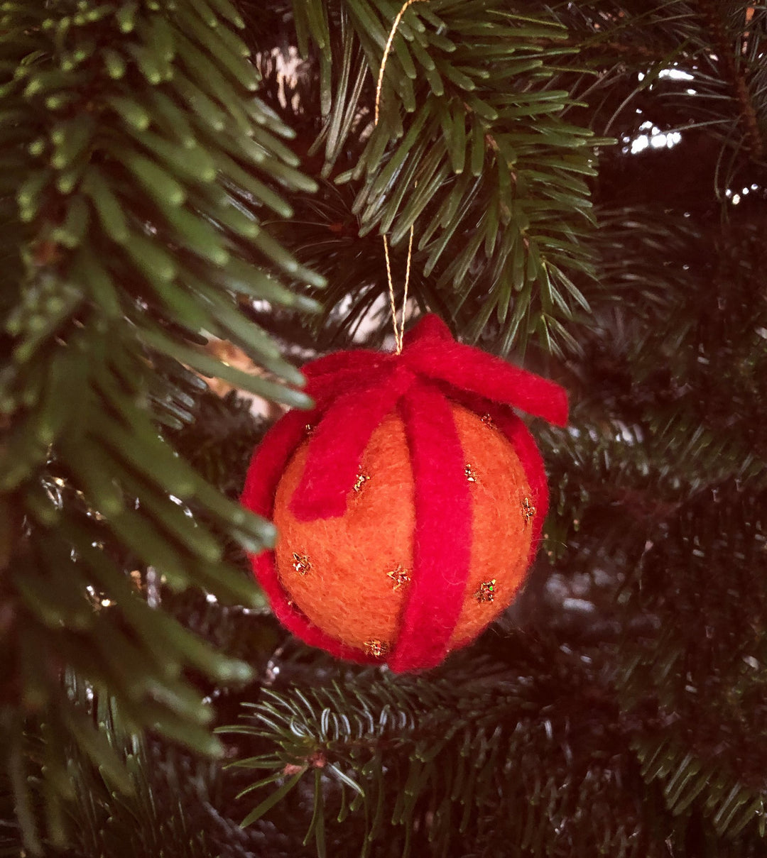 Gamcha - Handmade Christmas Decoration - Orange With Red Bow