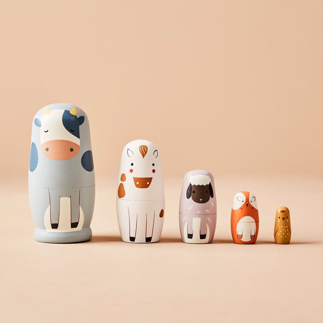 Just Bee Kids - Wooden Nesting Dolls -  Farm Animals - Mabel & Fox