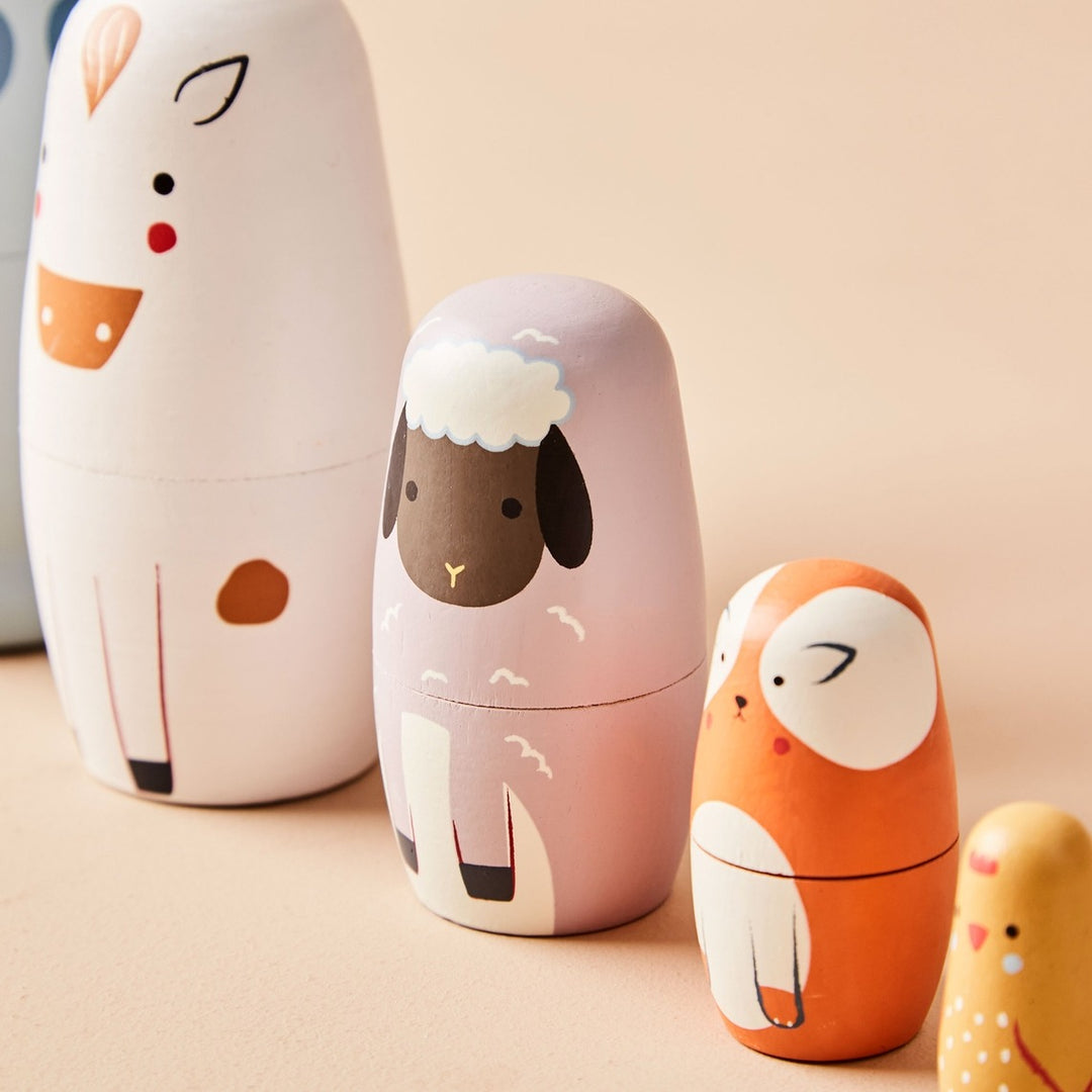 Just Bee Kids - Wooden Nesting Dolls -  Farm Animals - Mabel & Fox