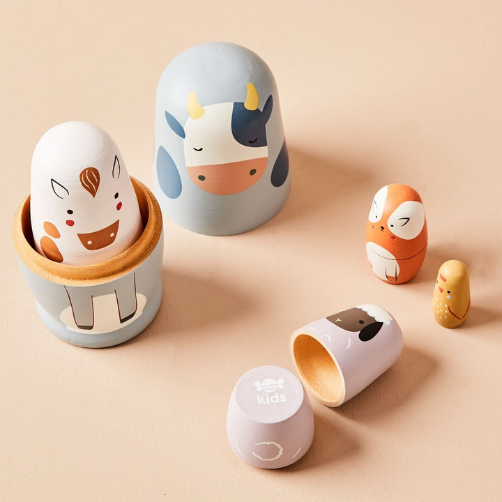 Just Bee Kids - Wooden Nesting Dolls -  Farm Animals - Mabel & Fox