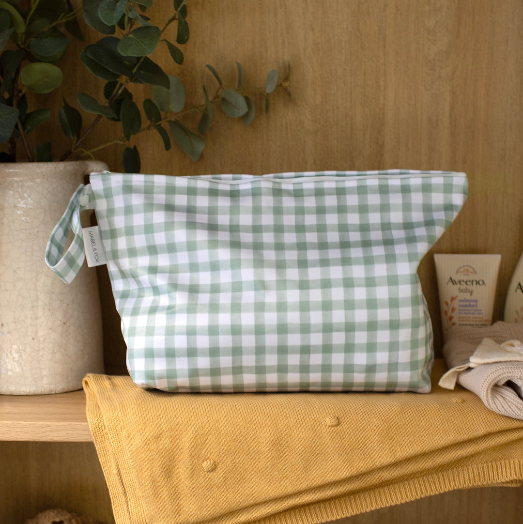 Mabel & Fox - 2 Pcs Wet Bag Set - Beige & Sage Gingham - Mabel & Fox