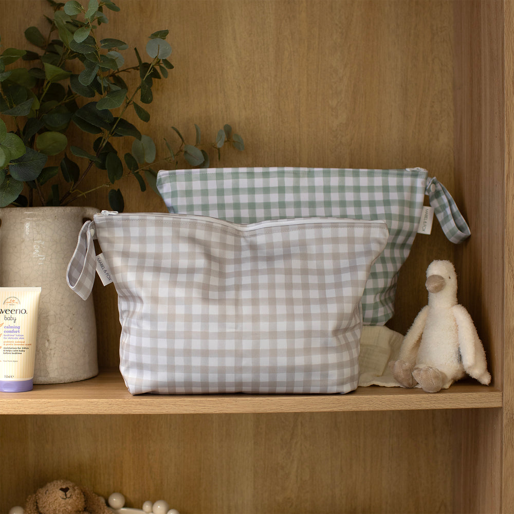 Mabel & Fox - 2 Pcs Wet Bag Set - Beige & Sage Gingham - Mabel & Fox