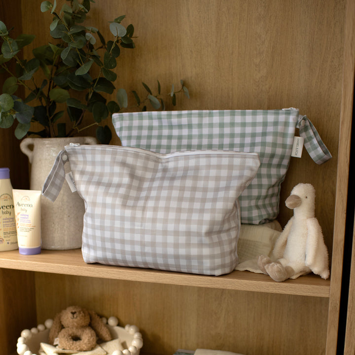 Mabel & Fox - 2 Pcs Wet Bag Set - Beige & Sage Gingham - Mabel & Fox