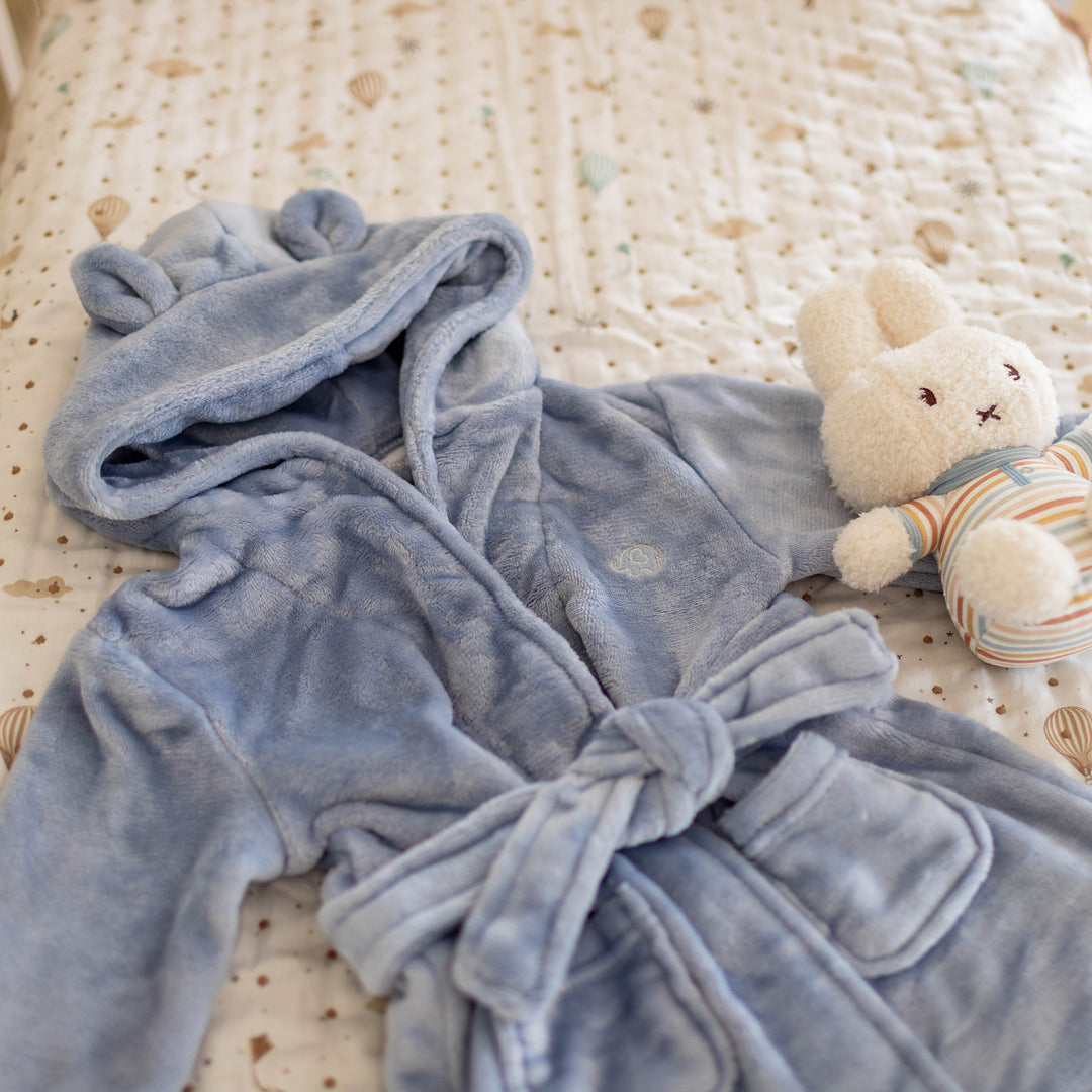 Baby Hooded Dressing Gown - Dusty Blue - Mabel & Fox Baby Hooded Dressing Gown - Dusty Blue - Mabel & Fox