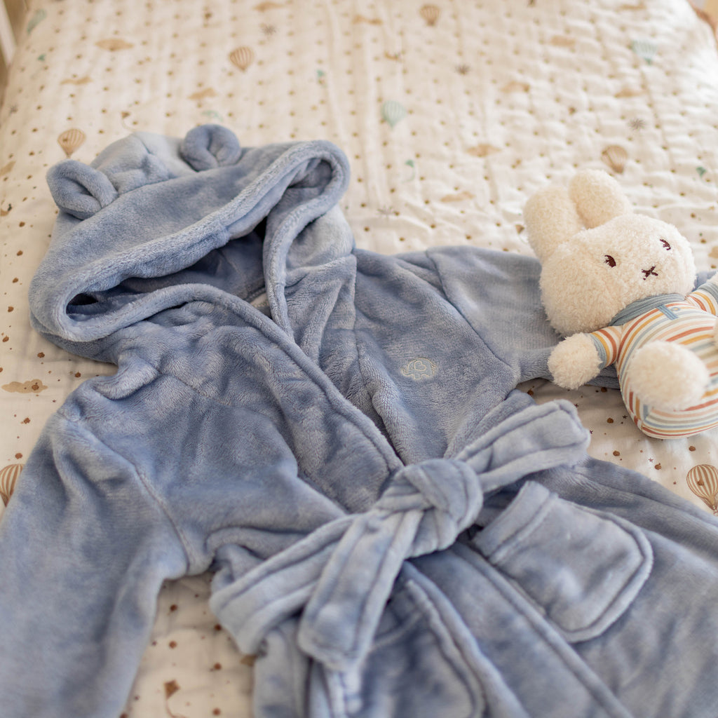 Baby Hooded Dressing Gown - Dusty Blue - Mabel & Fox Baby Hooded Dressing Gown - Dusty Blue - Mabel & Fox
