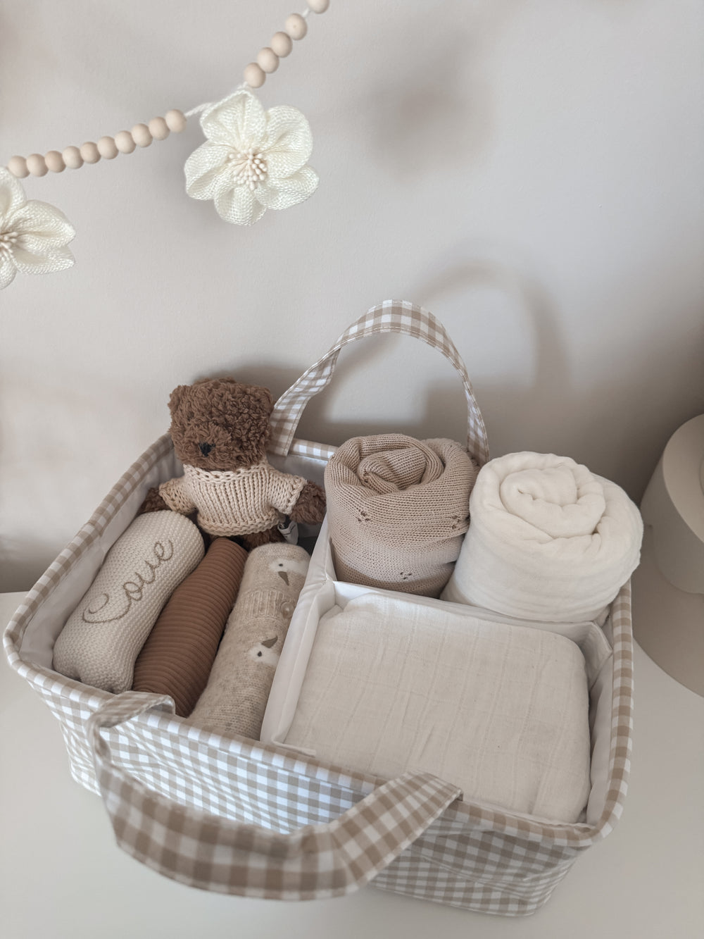 Mabel & Fox - Gingham Nappy Caddy - Beige - Mabel & Fox