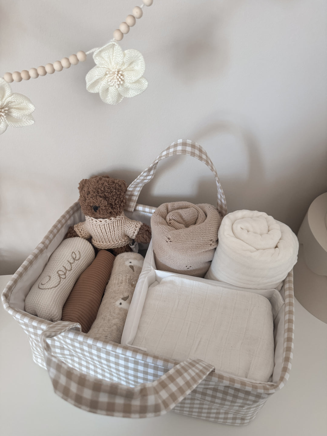 Mabel & Fox - Gingham Nappy Caddy - Beige - Mabel & Fox