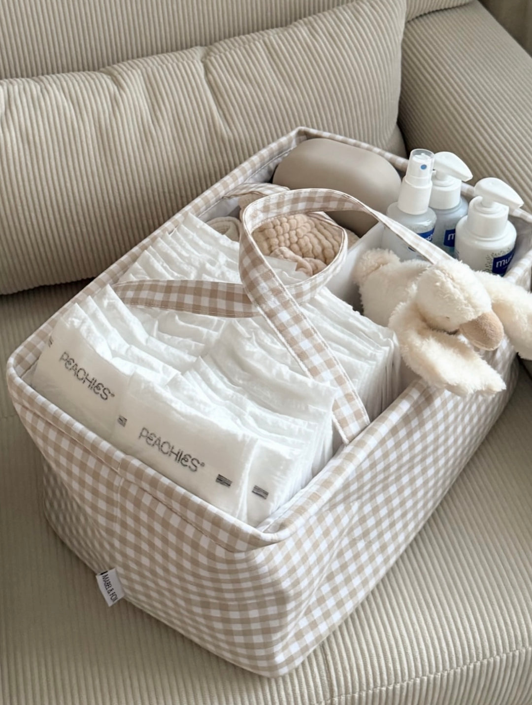 Mabel & Fox - Gingham Nappy Caddy - Beige - Mabel & Fox