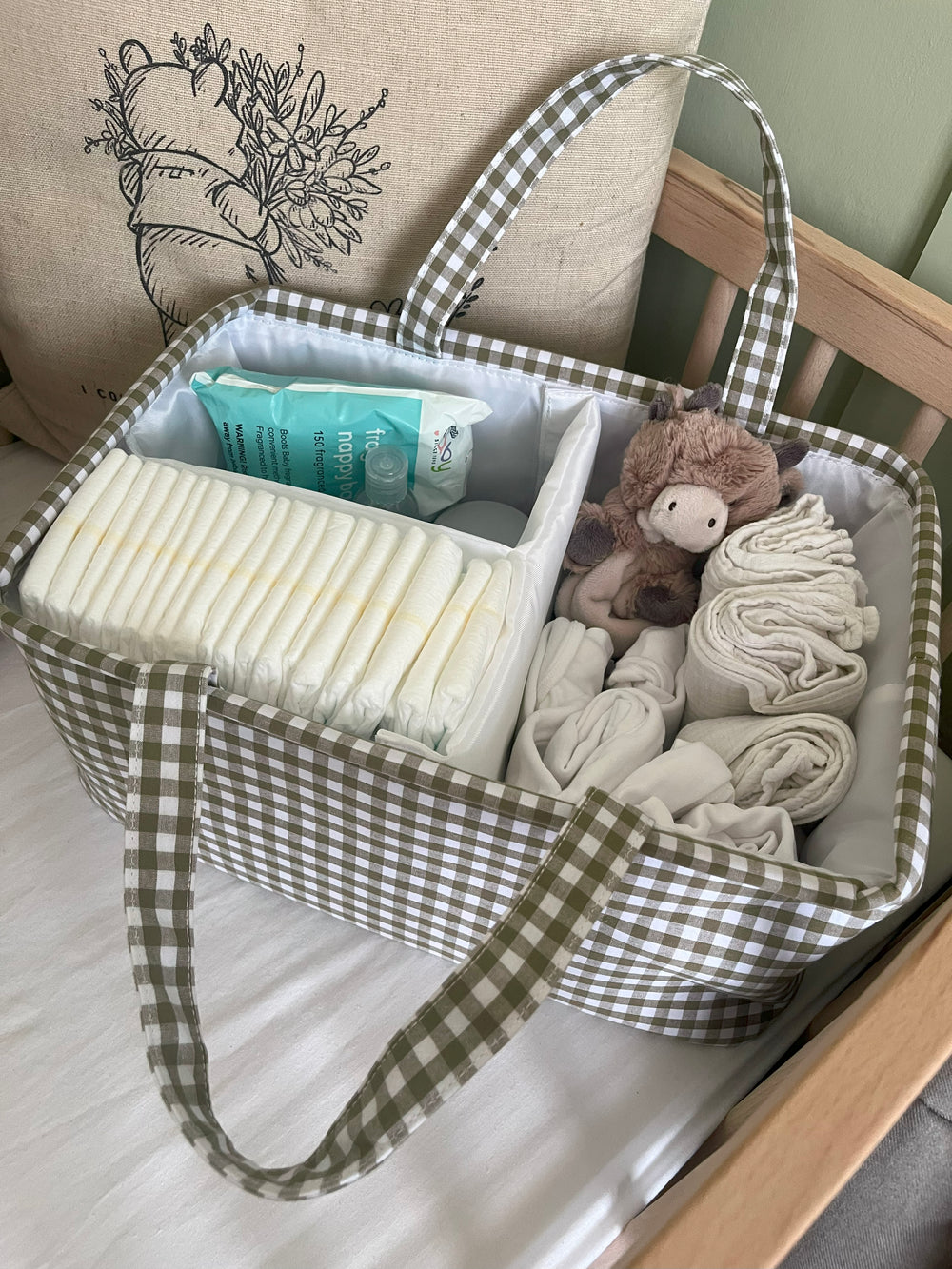 Mabel & Fox - Gingham Nappy Caddy - Green - Mabel & Fox