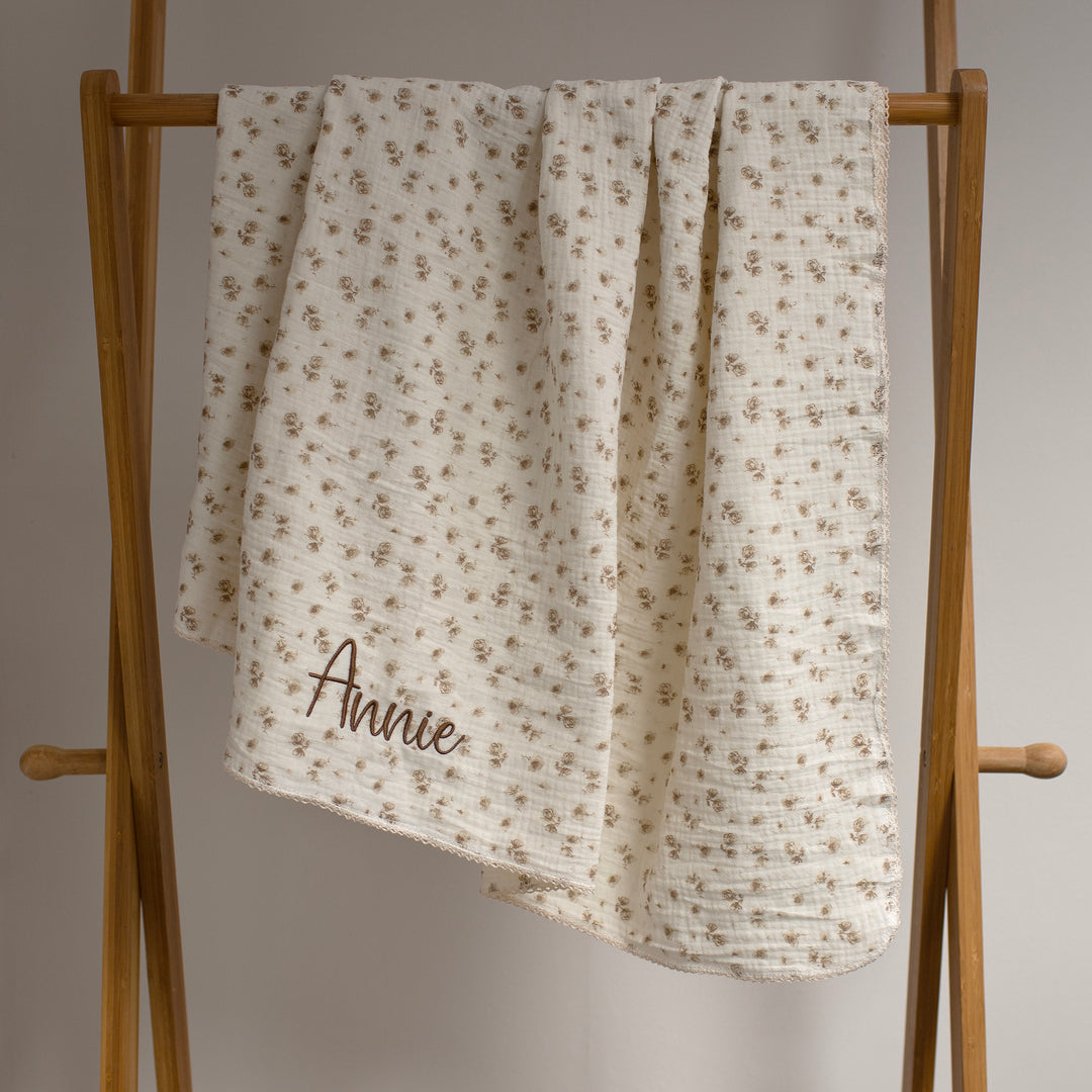 Mabel & Fox - Personalised Baby Muslin Cotton Blanket - Camellia - Mabel & Fox