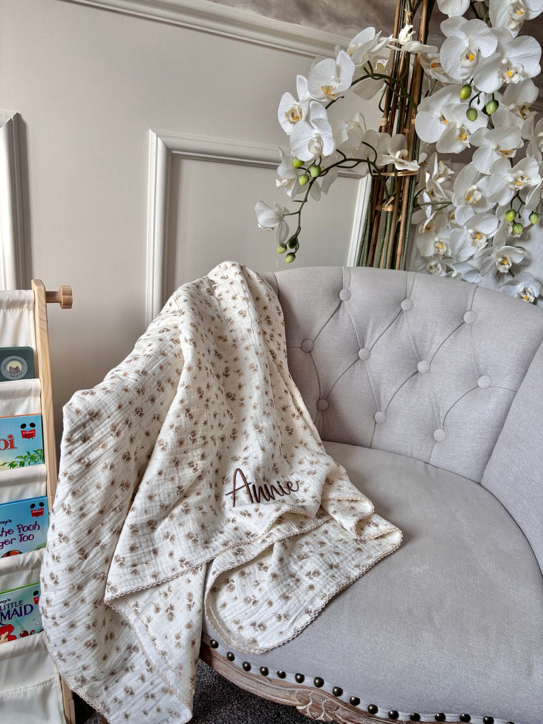 Mabel & Fox - Personalised Baby Muslin Cotton Blanket - Camellia - Mabel & Fox