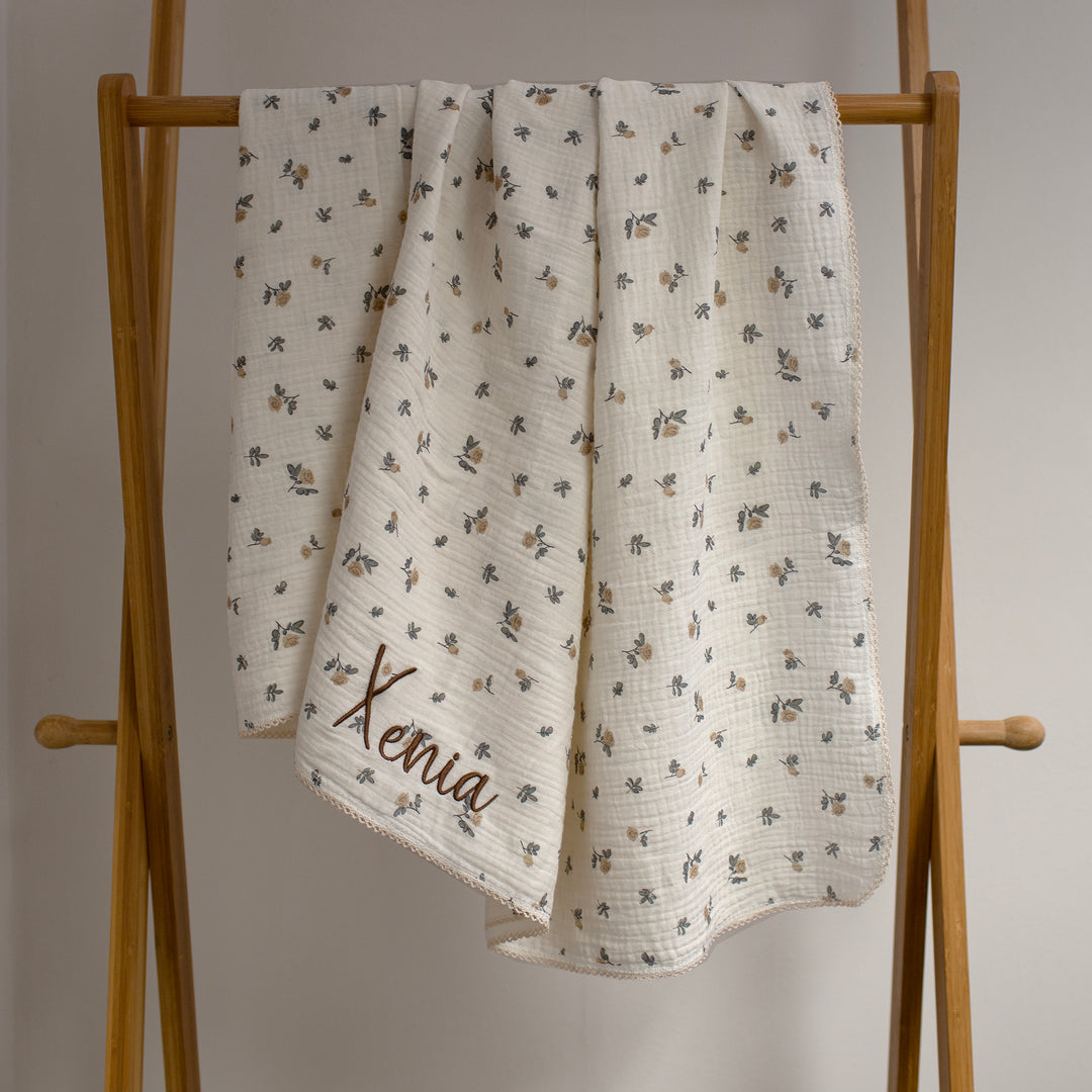 Mabel & Fox - Personalised Baby Muslin Cotton Blanket - Rosebud - Mabel & Fox