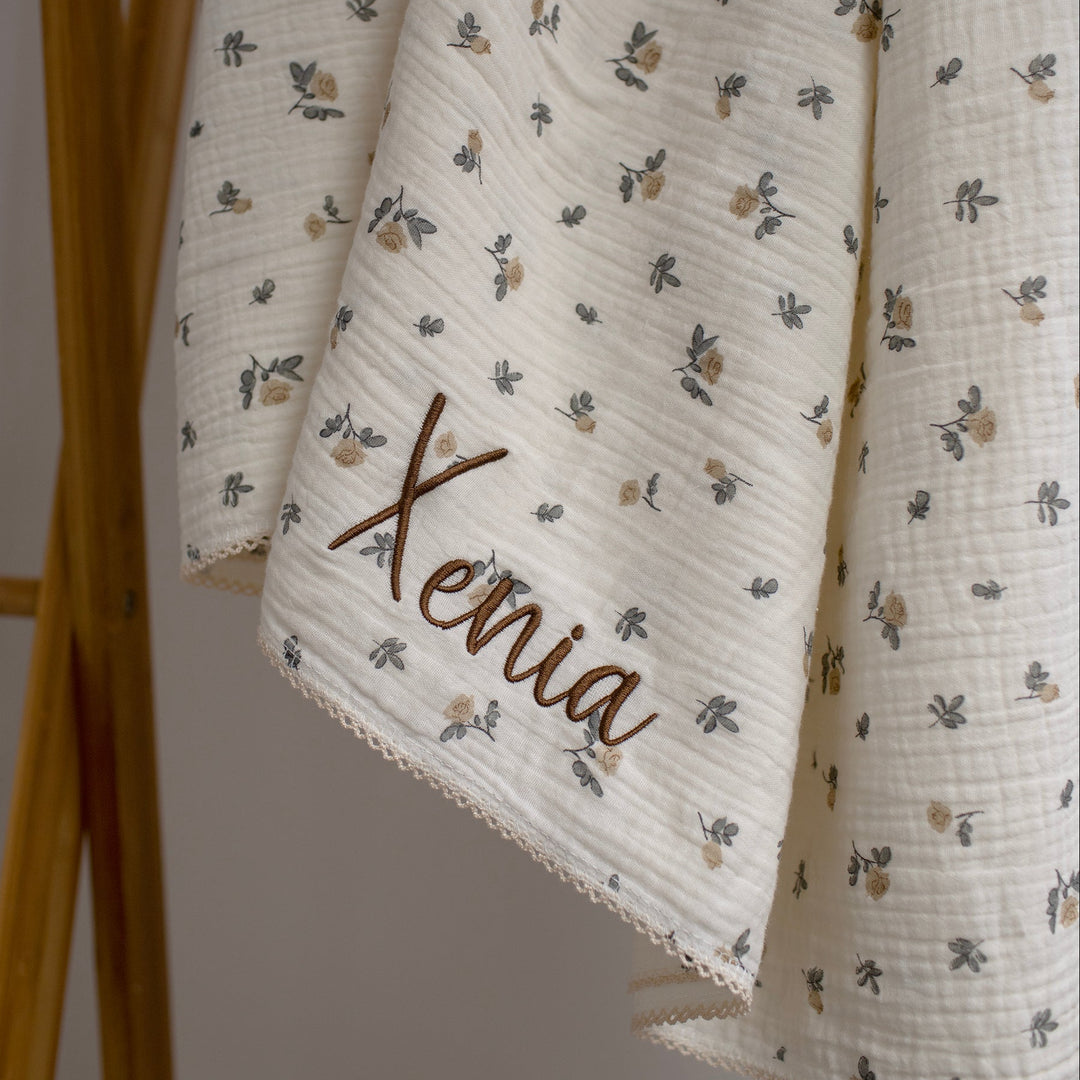 Mabel & Fox - Personalised Baby Muslin Cotton Blanket - Rosebud - Mabel & Fox
