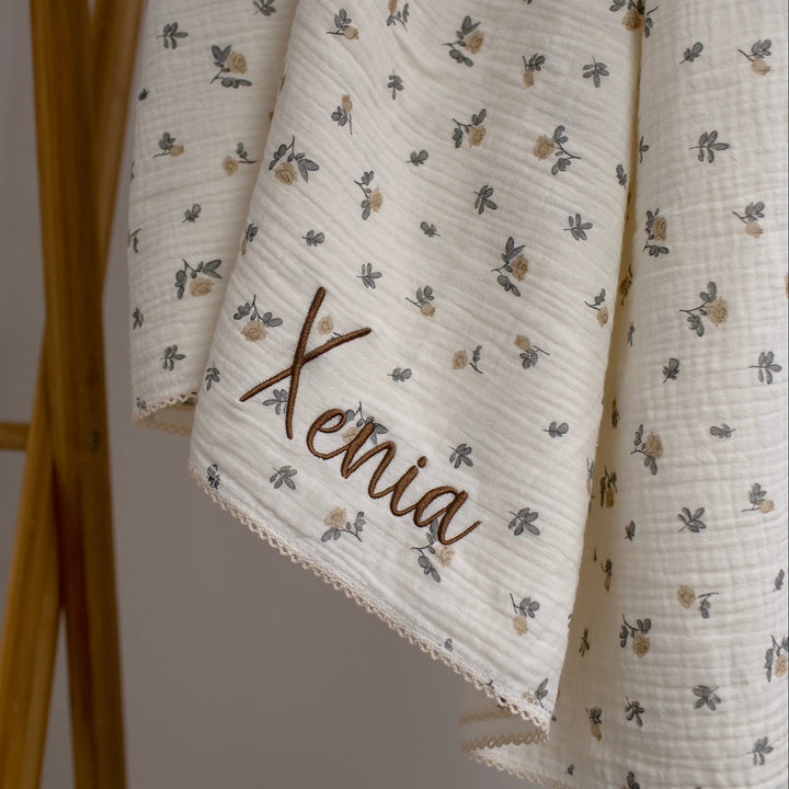Mabel & Fox - Personalised Baby Muslin Cotton Blanket - Rosebud - Mabel & Fox