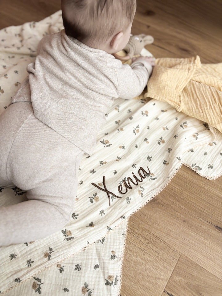 Mabel & Fox - Personalised Baby Muslin Cotton Blanket - Rosebud - Mabel & Fox