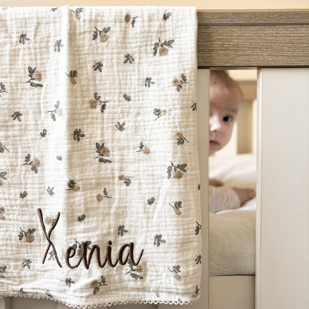Mabel & Fox - Personalised Baby Muslin Cotton Blanket - Rosebud - Mabel & Fox