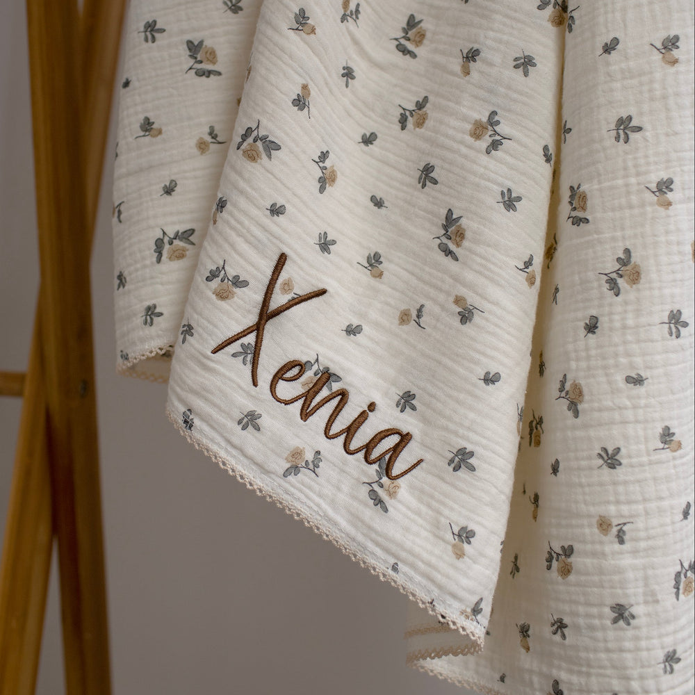 Mabel & Fox - Personalised Baby Muslin Cotton Blanket - Rosebud - Mabel & Fox