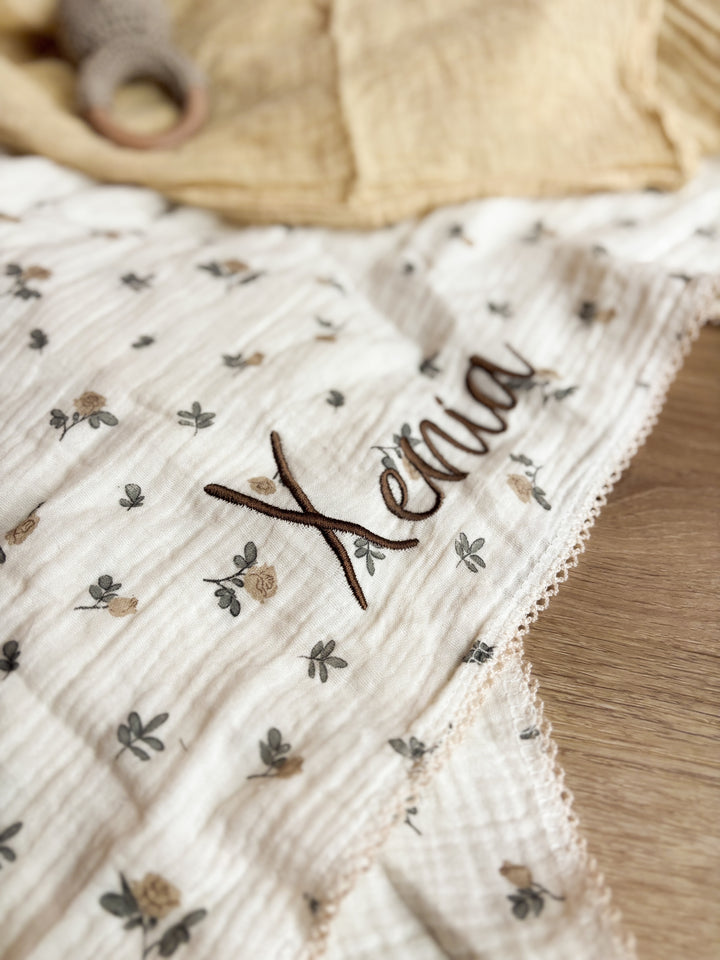 Mabel & Fox - Personalised Baby Muslin Cotton Blanket - Rosebud - Mabel & Fox