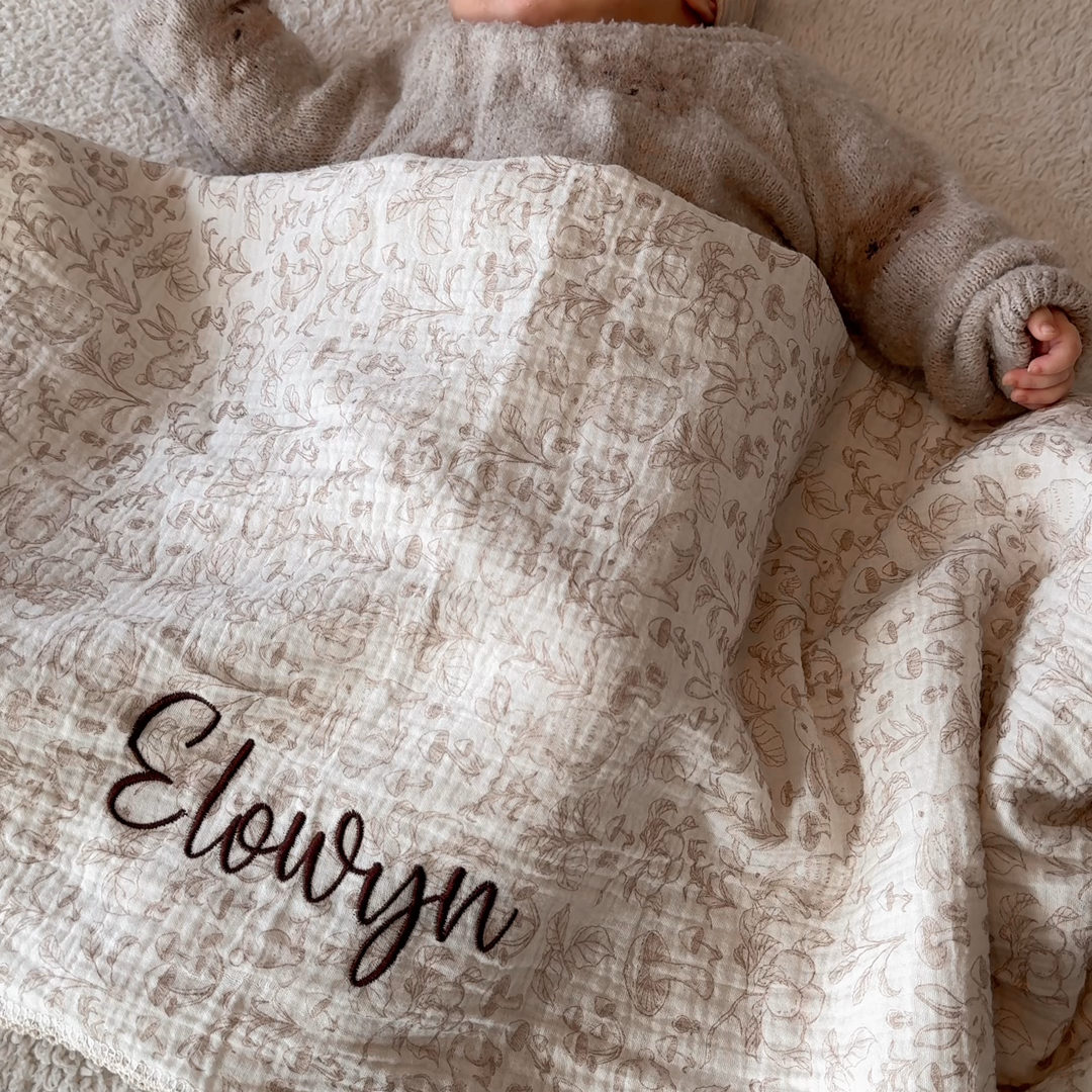 Mabel & Fox - Personalised Baby Muslin Cotton Blanket - Woodland Bunnies - Mabel & Fox