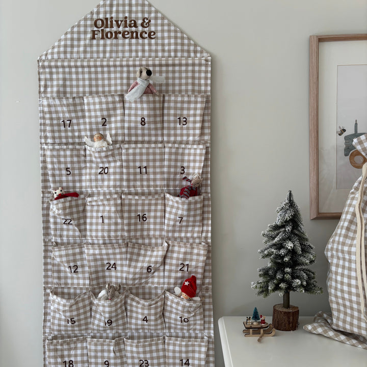 Mabel & Fox - Personalised Beige Gingham Advent Calendar - Embroidered - Mabel & Fox