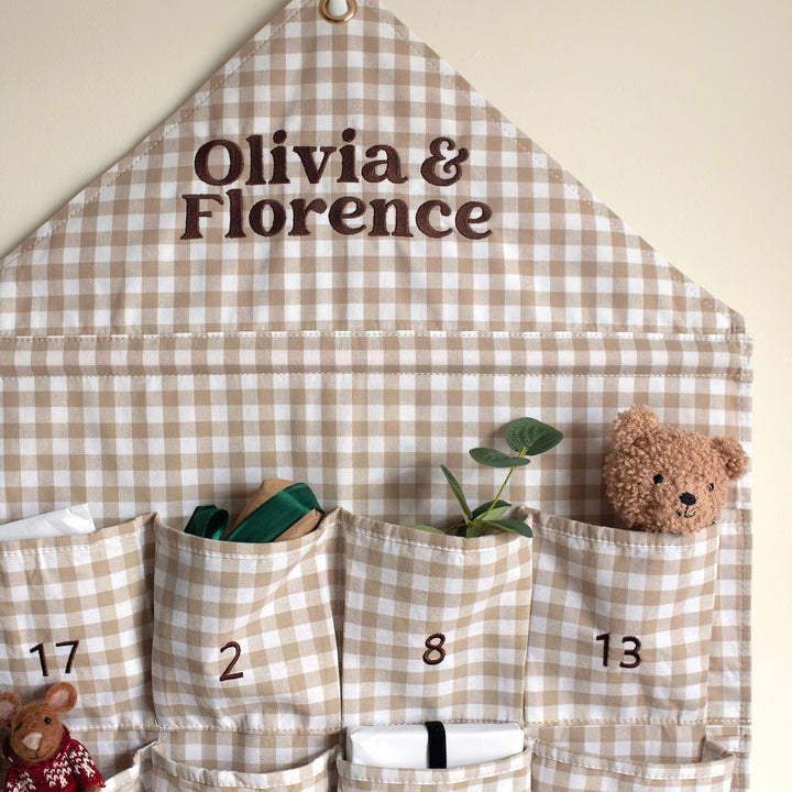 Mabel & Fox - Personalised Beige Gingham Advent Calendar - Embroidered - Mabel & Fox