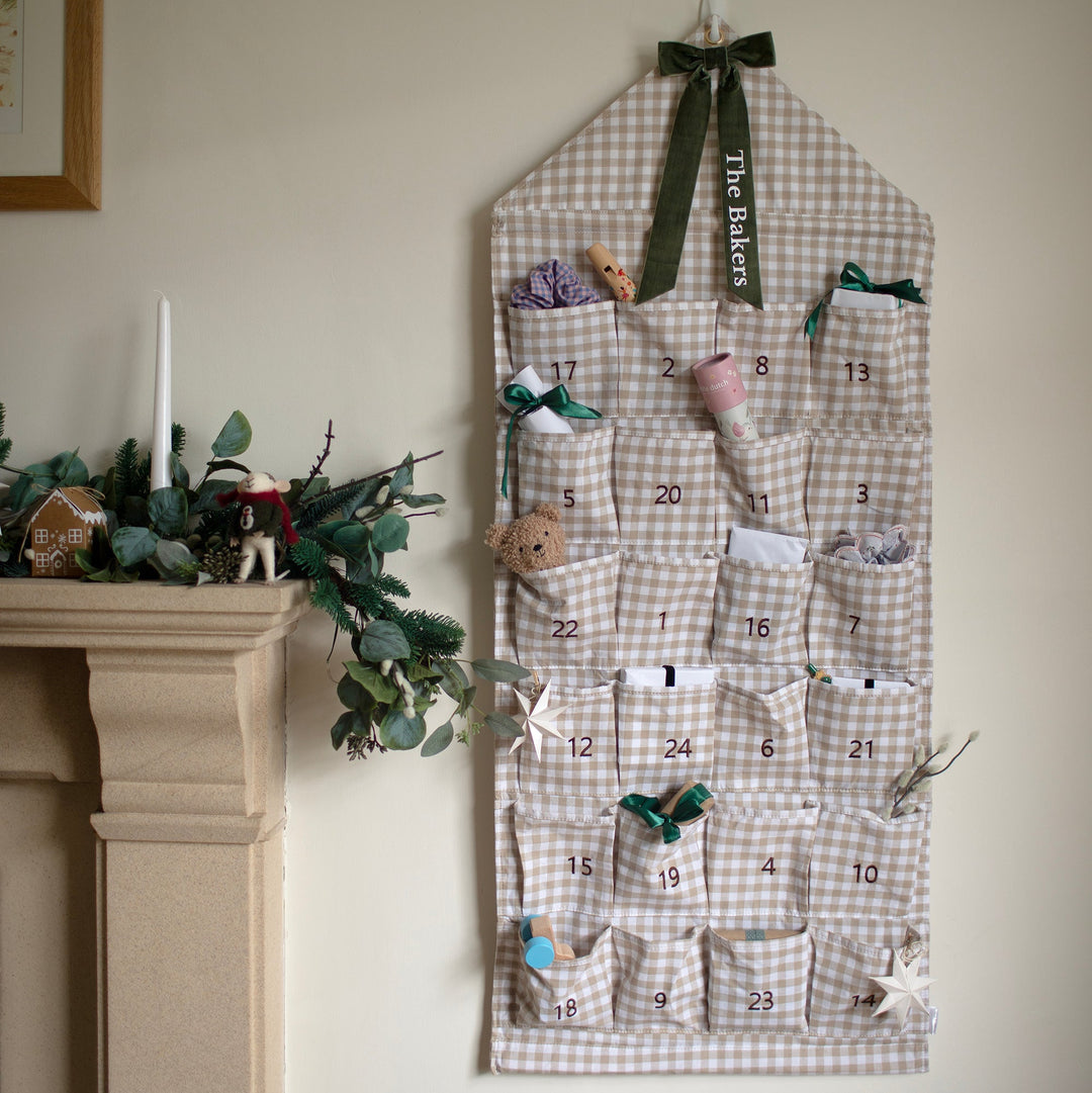 Mabel & Fox - Personalised Beige Gingham Advent Calendar - Velvet Bow - Mabel & Fox