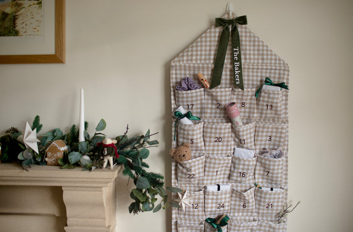 Mabel & Fox - Personalised Beige Gingham Advent Calendar - Velvet Bow - Mabel & Fox
