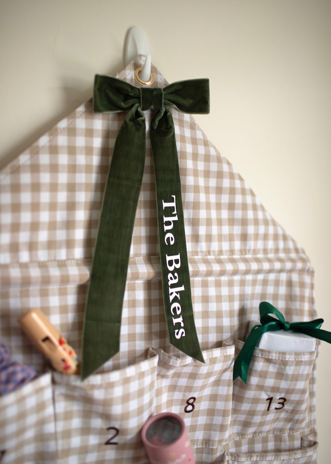 Mabel & Fox - Personalised Beige Gingham Advent Calendar - Velvet Bow - Mabel & Fox