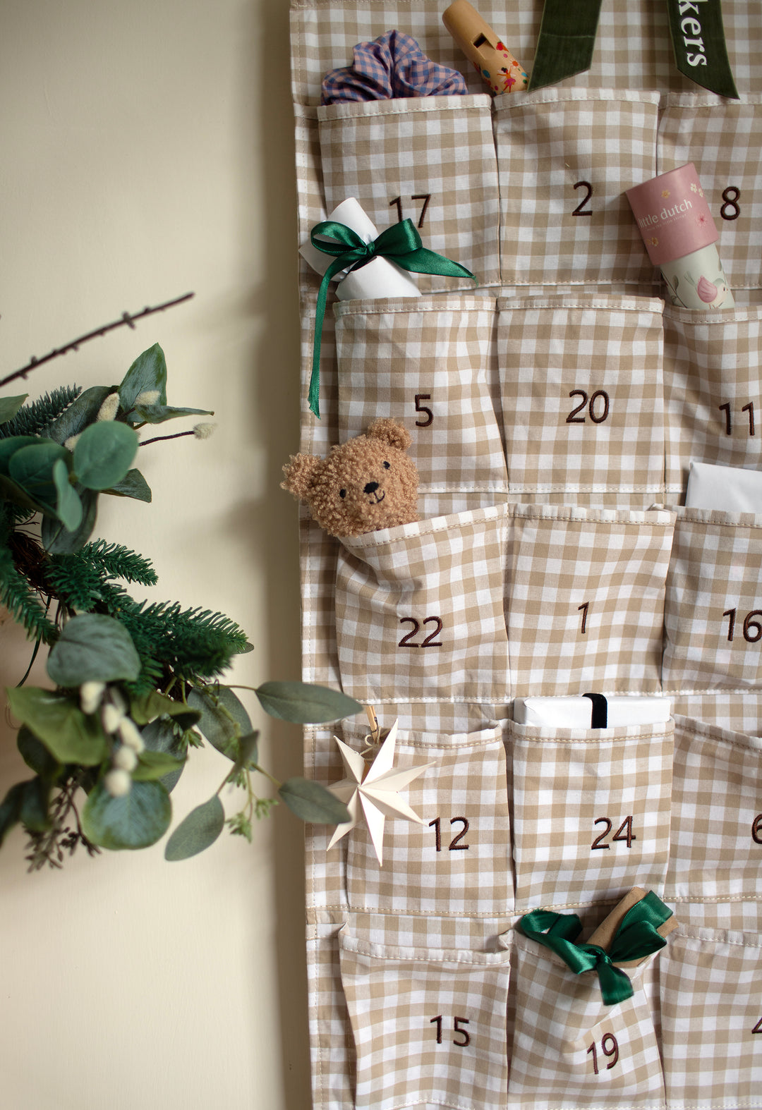 Mabel & Fox - Personalised Beige Gingham Advent Calendar - Velvet Bow - Mabel & Fox