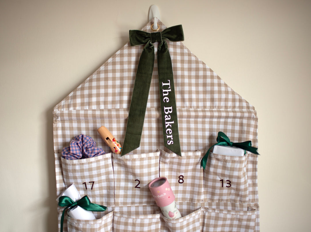 Mabel & Fox - Personalised Beige Gingham Advent Calendar - Velvet Bow - Mabel & Fox