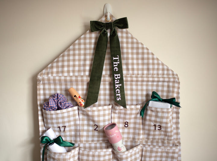 Mabel & Fox - Personalised Beige Gingham Advent Calendar - Velvet Bow - Mabel & Fox