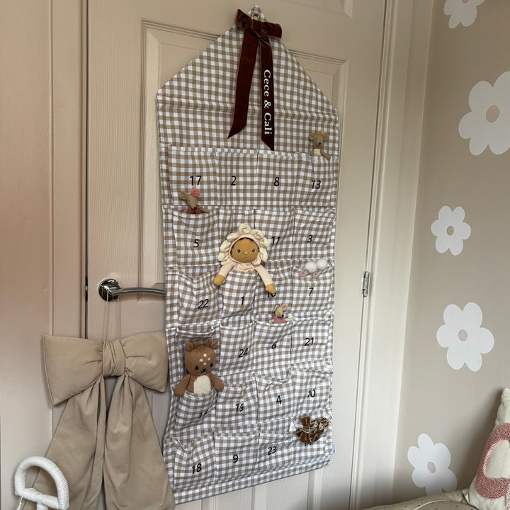 Mabel & Fox - Personalised Beige Gingham Advent Calendar - Velvet Bow - Mabel & Fox
