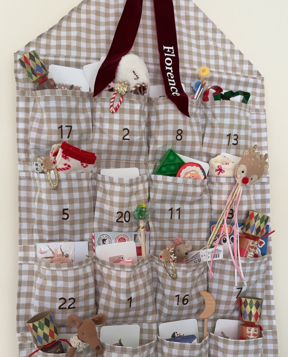 Mabel & Fox - Personalised Beige Gingham Advent Calendar - Velvet Bow - Mabel & Fox
