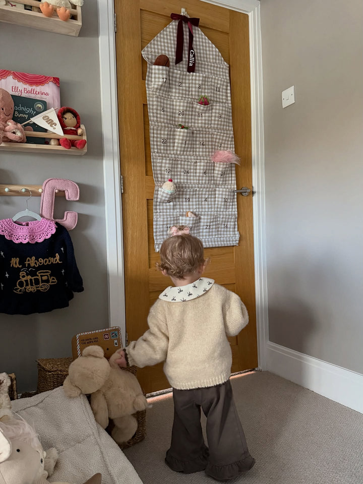 Mabel & Fox - Personalised Beige Gingham Advent Calendar - Velvet Bow - Mabel & Fox