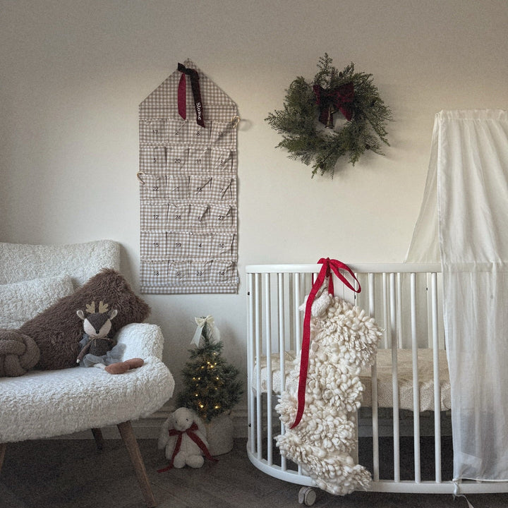 Mabel & Fox - Personalised Beige Gingham Advent Calendar - Velvet Bow - Mabel & Fox