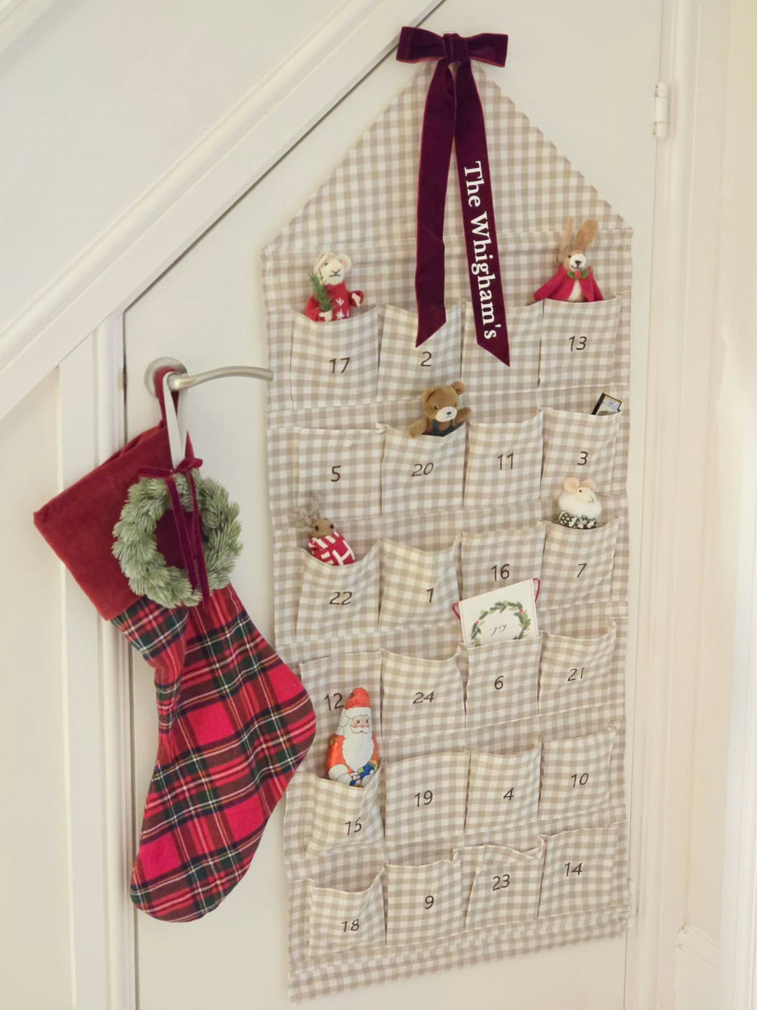 Mabel & Fox - Personalised Beige Gingham Advent Calendar - Velvet Bow - Mabel & Fox
