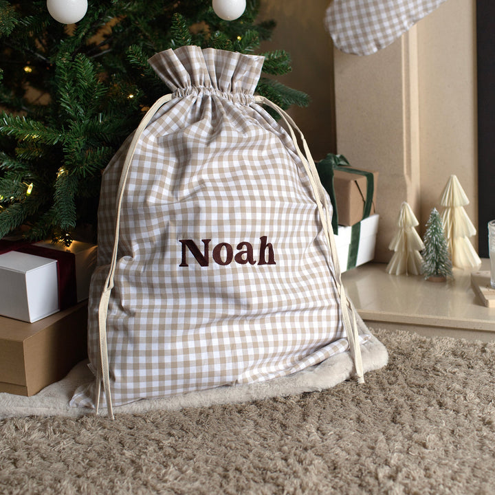 Mabel & Fox - Personalised Beige Gingham Gift Sack - Embroidered - Mabel & Fox