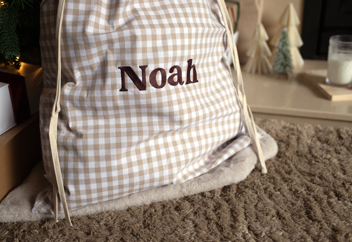 Mabel & Fox - Personalised Beige Gingham Gift Sack - Embroidered - Mabel & Fox