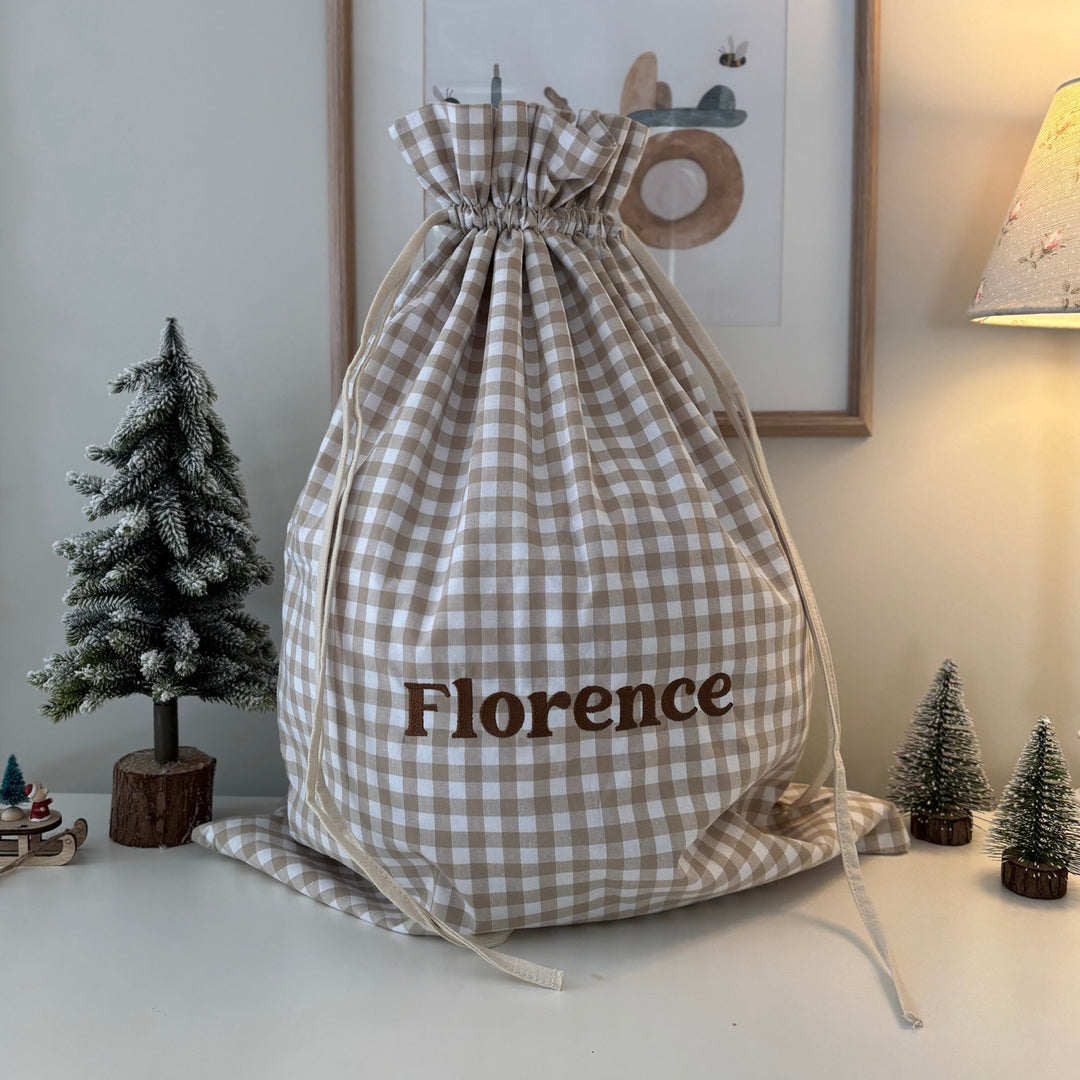 Mabel & Fox - Personalised Beige Gingham Gift Sack - Embroidered - Mabel & Fox