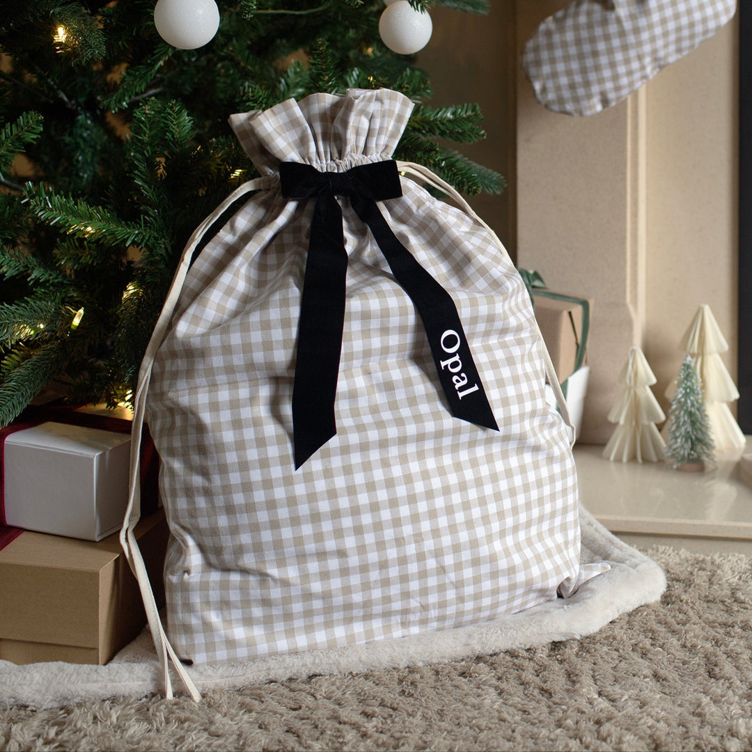 Mabel & Fox - Personalised Beige Gingham Gift Sack - Velvet Bow - Mabel & Fox