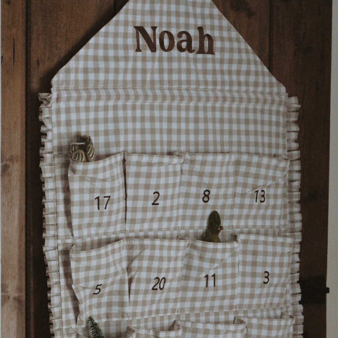 Mabel & Fox - Personalised Beige Gingham Ruffle Advent Calendar - Embroidered - Mabel & Fox