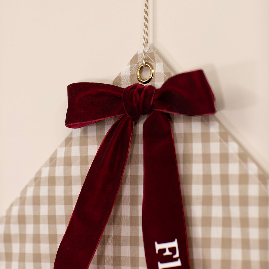 Mabel & Fox - Personalised Beige Gingham Ruffle Advent Calendar - Velvet Bow - Mabel & Fox