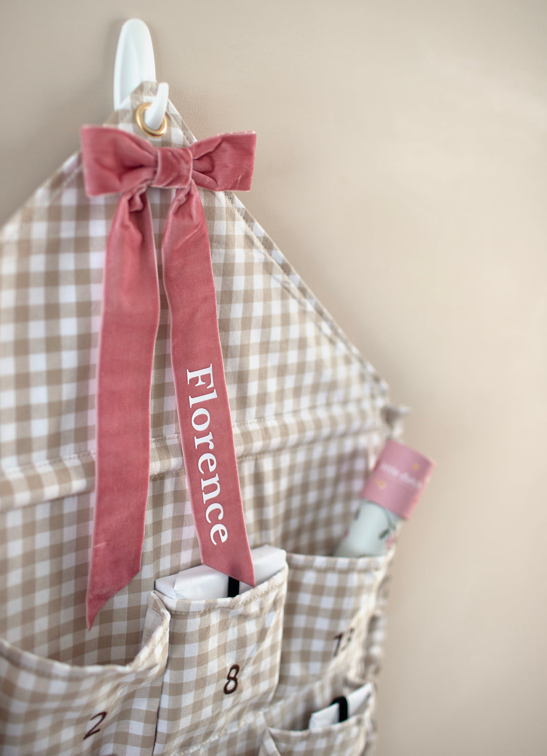 Mabel & Fox - Personalised Beige Gingham Ruffle Advent Calendar - Velvet Bow - Mabel & Fox