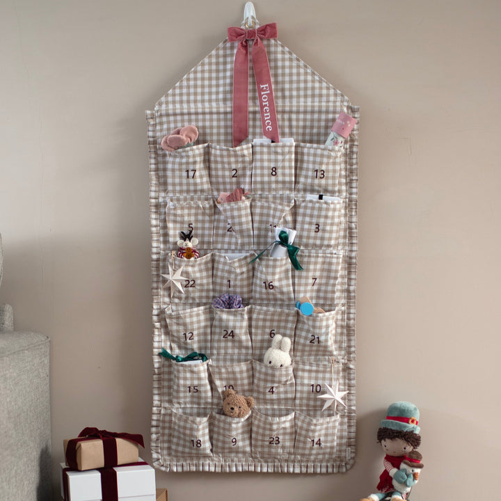 Mabel & Fox - Personalised Beige Gingham Ruffle Advent Calendar - Velvet Bow - Mabel & Fox