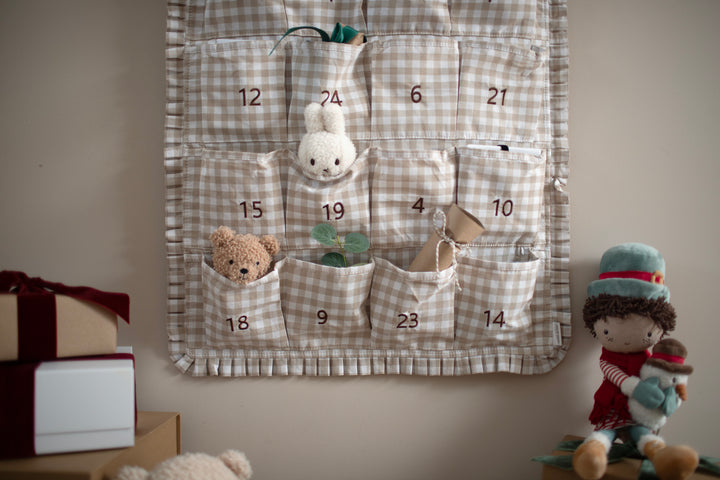 Mabel & Fox - Personalised Beige Gingham Ruffle Advent Calendar - Velvet Bow - Mabel & Fox