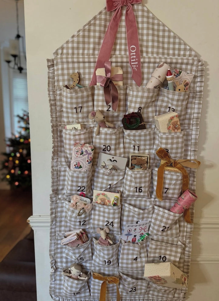 Mabel & Fox - Personalised Beige Gingham Ruffle Advent Calendar - Velvet Bow - Mabel & Fox