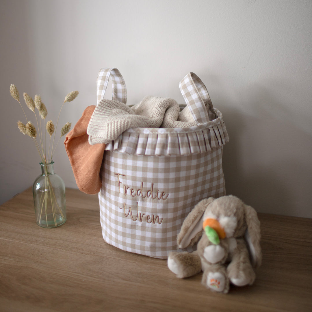 Mabel & Fox - Personalised Beige Gingham Ruffle Basket - Embroidered - Mabel & Fox