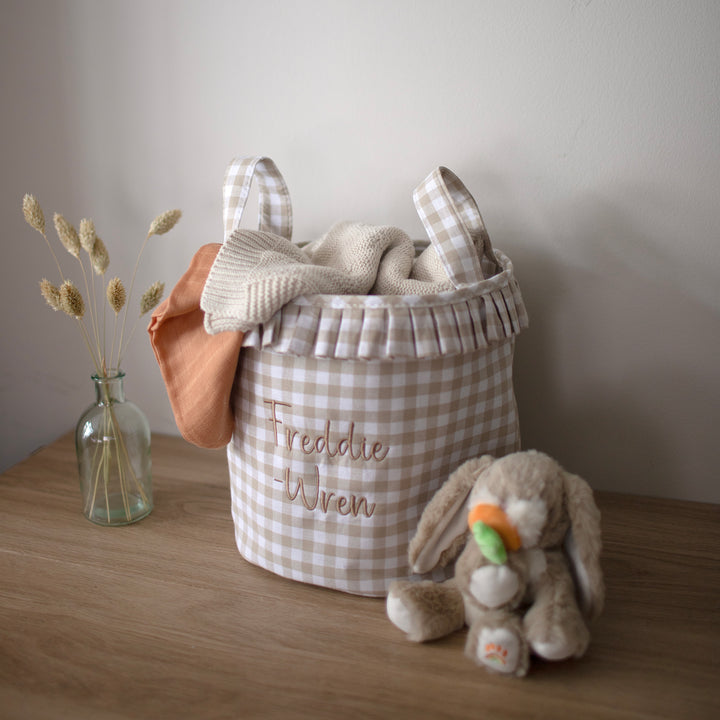Mabel & Fox - Personalised Beige Gingham Ruffle Basket - Embroidered - Mabel & Fox